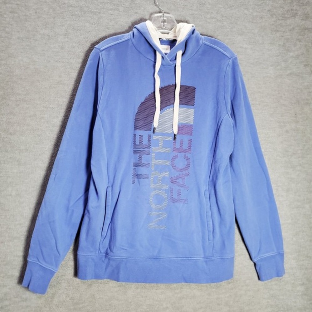 The North Face Women Sweatshirt Large Blue Hoodie Logo Spellout Half Dome Fleece